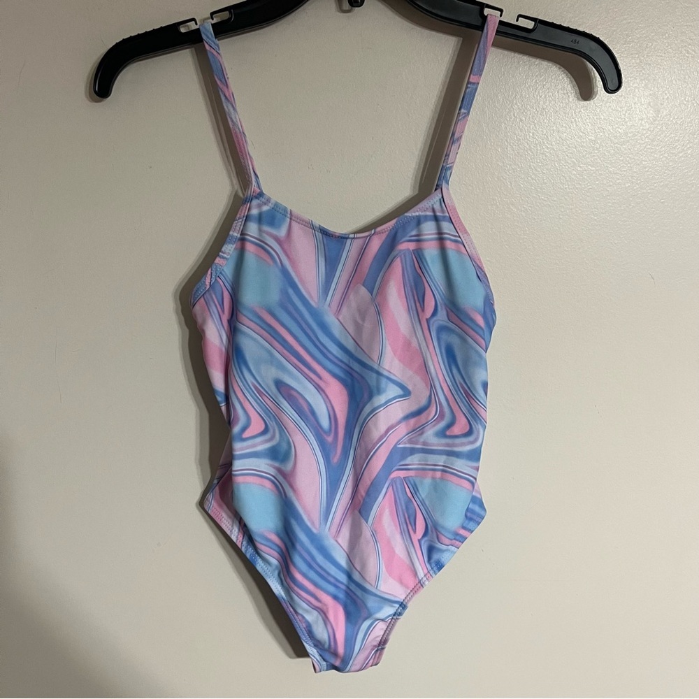 SHEIN Girlsβ Pink Blue Marble Swirl One Piece Swimsuit Size 10Y sk23033050908